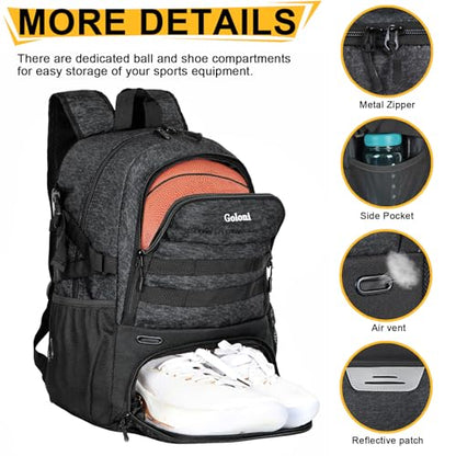 Goloni Basketball Backpack,Large Basketball Bag with Ball Compartment & Shoe Compartment,Sports Bag Fit Volleyball, soccer - color: Black