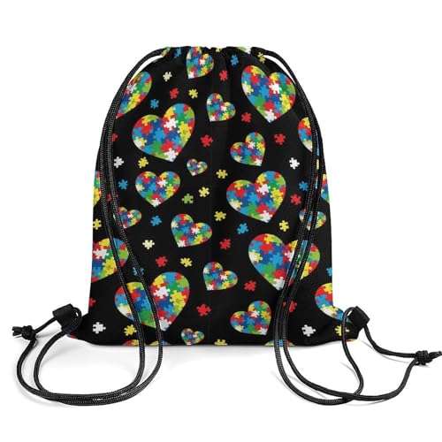 Sports Drawstring Bag Gym Sackpack Waterproof String Backpack for Running Training Fitness Men Women Unisex, Colorful Autism Awareness Puzzle Pieces Heart Bags - color: Picture (345)