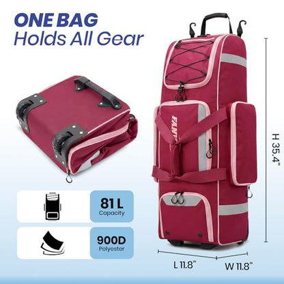 81L Rolling Baseball Bag with Wheels, Softball Catchers Gear Bags for 4 Bats (Fits Up To 34"), Separate Shoe Compartment, Safety Reflective Strip, Fence Hook, Foldable T-Bag for Youth & Adult - color: Dark Red