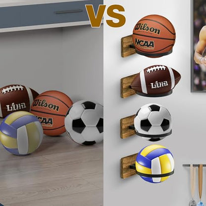 Basketball Holder Wall Mount with Wooden Base, 2 Pcs Ball Storage Holder for Football Basketball Soccer Rugby Display Rack - Boys Sports Accessories Organizer