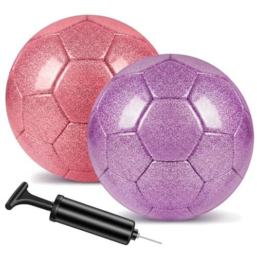 2 Pcs Glitter Soccer Ball Glitter Silver with Pump & Needle, Soccer Ball Kitfor Back to School, Birthday Gifts, Outdoor Sports Recreation Ball - color: Pink and Purple, size: Size 3