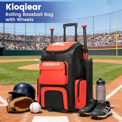 Rolling Baseball Bag with Wheels,Large Softball Bag with Fence Hook for 4 Bats & Equipment,Lightweight Baseball Bat Bag with Shoe Compartment. - color: Red