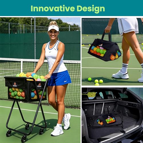 Tennis & Pickleball Cart - 140 Ball Capacity Hopper with Quick-Detach Bag, 4 Smooth Swivel Wheels & Foldable Frame for Easy Court Transport and Compact Storage