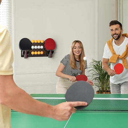 Ping Pong Paddle Holder Wall Mounted Table Tennis Racket Display for 6 Paddles and 12 Balls Storage, Ping Pong Accessories Organizer in Game Room, Man Cave, Bar Room, Garage, Office, Home
