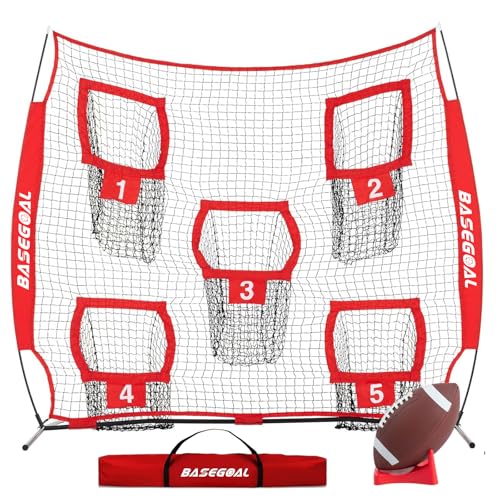 BaseGoal Football Nets for Throwing,Football Target,Quarterback Training Equipment with 5 Target Pockets for Improving Football Accuracy Throwing-8 x 8 ft or 7 x 7 ft Nets