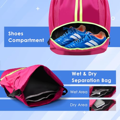 BROTOU Soccer Bags, Football Backpack, Volleyball Bag, Drawstring Backpack with Ball and Shoe Compartment, Football bags for Equipment Swim Gym Bag - color: Pink