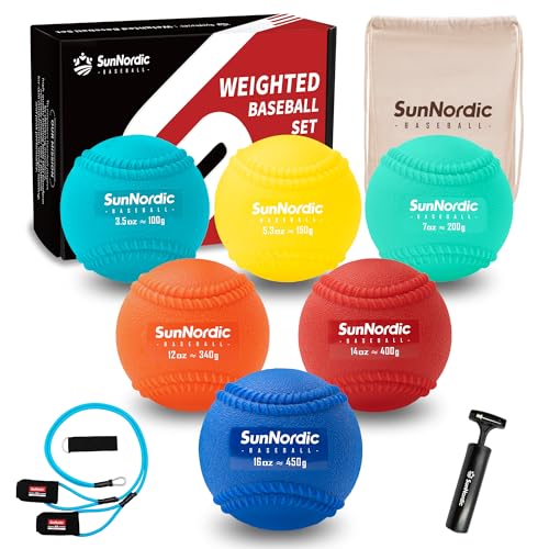 SunNordic 6/9 Pack Seams Plyometric Weighted Baseball Set (3.5-16/35/53/70 oz) - Variable Weight Plyo Baseballs for Improved Power & Pitching Training - for All Skill Levels