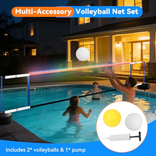 Pool Volleyball Net, Swimming Pool Volleyball Net with LED Light, 15-32FT Adjustable Length for All Pools, Portable 2 Water Volleyball & Pump for Family Pool Party Game Indoor/Outdoor