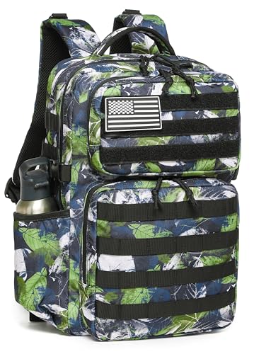 Wotony Military Tactical Backpack for Men Waterproof Daypack 3 Day Assault Pack Molle Bag with Water Bottle Holder - color: Green Leaves, size: 25L