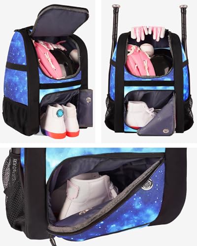 MATEIN Softball Bag, Lightweight Baseball Backpack with Shoe Compartment, Baseball Bag with Fence Hook for TBall Bat & Equipment, Softball Gifts Catchers Backpack for Women Fit Catcher’s Mitt, Helmet - color: Galaxy Blue - Large