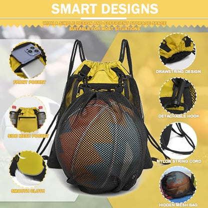 KAEGREEL Drawstring Soccer Bag Basketball Backpack for Kids Teens, Foldable Sports Bags Detachable Ball Mesh Bag for Gym Yoga Football Baseball - color: Yellow