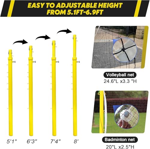 Adjustable Volleyball/Badminton Net with Wheels, 4 Heights (5ft-6.8ft), Portable Poles for Kids & Adults, Perfect for Backyard Games & Sports Events
