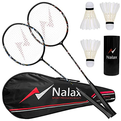 Nalax Badminton Set, 2 Player Badminton Rackets Professional Graphite High-Grade Badminton Racquet with 3 Shuttlecocks and 1 Carrying Bag for Outdoor Backyard Games Perfect for Adults Kids