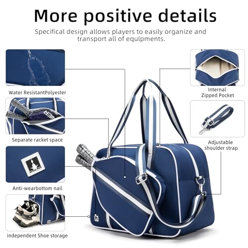 ROYALFAIR Pickleball Tote Bag for Women Men Large Capacity with Paddle Cover Pocket Internal Shoe Pocket and Adjustable Shoulder strap - color: navy blue