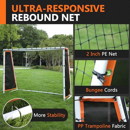 Aluminum Soccer Rebounder Net 7x5 Soccer Goals Rebounder Kid Board Big Bounce Back Wall Full Size Heavy Duty Large Practice Professional Training Kit Equipment Soccer Net Backyard Portable Youth 7*5ft