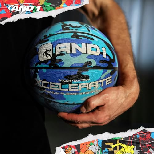 AND1 Xcelerate Rubber Basketball: Official Regulation Streetball, Made for Indoor/Outdoor Games - color: Blue Camo, style: Basketball w/ Pump