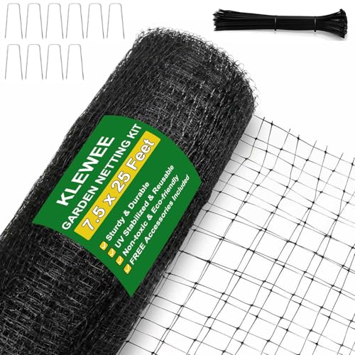 KLEWEE Bird Netting, 7.5 x 25 FT Heavy Plastic Duty Garden Netting to Protect Fruit Trees, Plants and Vegetables Against Birds, Deer, Squirrels and Other Animals - size: 7.5 x 25 FT