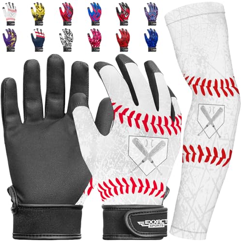 Exxact Sports Youth Batting Gloves with Arm Sleeve for Boys & Girls, Kids Baseball Batting Gloves for Softball, T-Ball - color: WHITE, size: Youth Large / X-Large