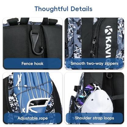 KAVIGOR Baseball Bag for Youth and Adult, Softball Bag 50L Large Capacity Holds 4 Bats, Equipment Backpack with Shoes Compartment