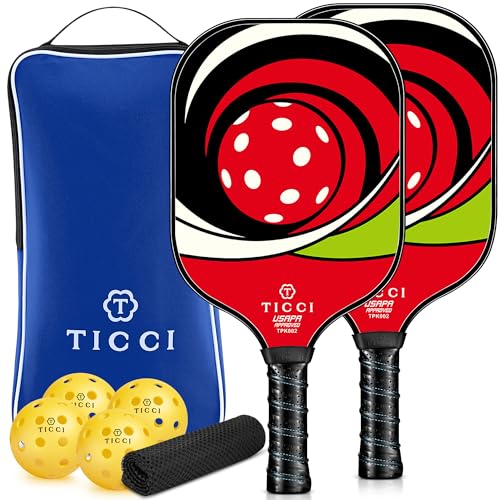 Pickleball Paddles Set of 2, USAPA Approved Fiberglass Pickleball Set with 4 Balls & Carry Bag, Lightweight Rackets for Beginners & Adults - color: Bright Red Green Kit