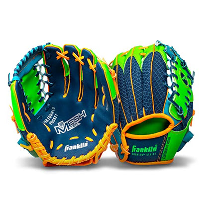 Franklin Sports Kids Baseball Glove + Foam Ball Sets - Meshtek Youth Teeball Gloves for Kids + Toddlers - Left + Right Hand Throw - 9.5" Inch - color: Navy/Lime/Orange