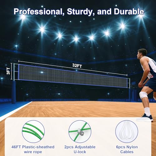 Professional Volleyball net Outdoor Heavy Duty, Lengthened Aircraft Wire Rope, Upgraded Weather Resistance, Thicker Border for Indoor Outdoor Backyard Pool Schoolyard Beach 32x3FT(Net Only)