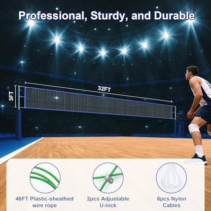 Professional Volleyball net Outdoor Heavy Duty, Lengthened Aircraft Wire Rope, Upgraded Weather Resistance, Thicker Border for Indoor Outdoor Backyard Pool Schoolyard Beach 32x3FT(Net Only)