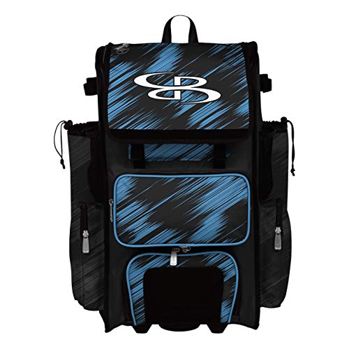 Boombah Rolling Superpack Scratch Baseball/Softball Gear Bag - 23-1/2" x 13-1/2" x 9-1/2" - Multiple Colors - Telescopic Handle and Holds 4 Bats - Wheeled Version - color: Black/Columbia Blue