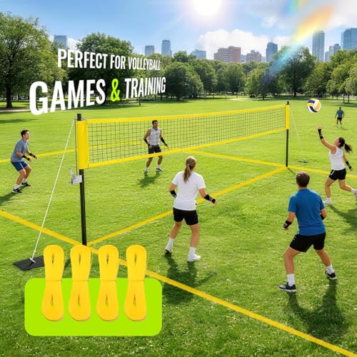 Professional Outdoor Volleyball Net Set with Arm Sleeves & Beach Fixed Plate, Heavy Duty 32ft Ply Reinforced Net with Steel Anti-Sag Winch, Height-Adjustable Poles, Carry Bag for Backyard Beach Lawn