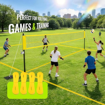 Professional Outdoor Volleyball Net Set with Arm Sleeves & Beach Fixed Plate, Heavy Duty 32ft Ply Reinforced Net with Steel Anti-Sag Winch, Height-Adjustable Poles, Carry Bag for Backyard Beach Lawn