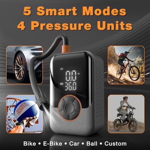 Portable Electric Tire Pump – 150PSI Smart Bike Pump with Digital Gauge, Auto Shut-Off, USB-C Rechargeable Air Compressor for Car, E-Bike, Bicycle, Motorcycle, Balls – Cordless & Compact