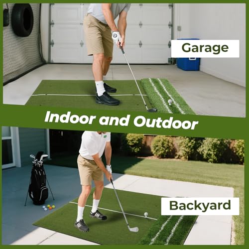 FAHKNS Real Feel Golf Hitting Mat (5x4ft), Large Double Turf, Golf Indoor and Outdoor Practice Mat with Sight Line and Approach Angle Aid, for Swing, Chipping, Putting