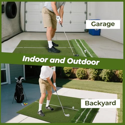 FAHKNS Real Feel Golf Hitting Mat (5x4ft), Large Double Turf, Golf Indoor and Outdoor Practice Mat with Sight Line and Approach Angle Aid, for Swing, Chipping, Putting