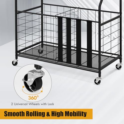 GYMAX Garage Sports Equipment Organizer, Ball Storage with Basket, Hooks, Lockable Wheels, Rolling Toy Storage Cart for Golf Bag Bats Football Sports Gear