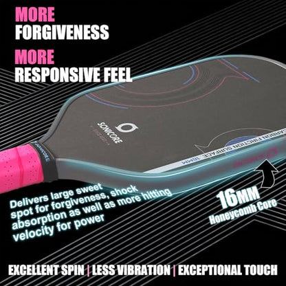 SONICORE Pickleball Paddle Set Bundle, T700 Carbon Fiber 16mm Core, 1 Paddle, Cover, Wristbands, Grip Tape, Eraser, 4 Premium Balls | Vibe Pink