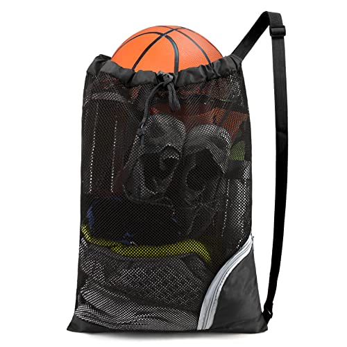 BeeGreen Mesh Drawstring Bag Swim Backpack for Beach Pool Sports Gym Draw String Cinch Bags for Swimming Soccer Basketball Gear Black - color: Black