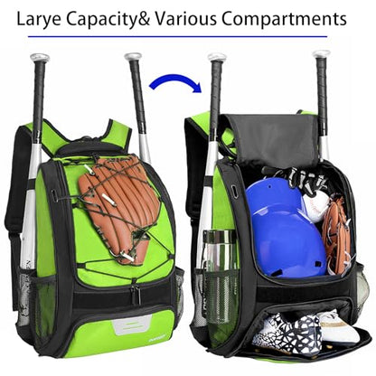 DAFISKY Baseball Bag Softball Backpack - Youth Adult T Ball Bat Equipment Bag with Bat Helmet Holders, Shoe Compartment - color: Green