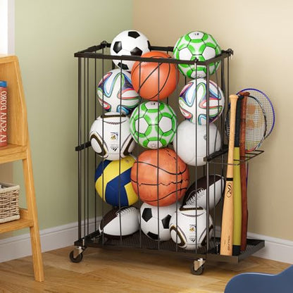 Garage Ball Storage With Baseball & Badminton Holder: Floor Sports Equipment Organizer, Sports Ball Rack With Elastic Rope, Ball Holder for Basketball, Soccer, Volleyball, Football, Garage, Gym, Black - size: Small, style: With Wheels And Bat Holder,Recta