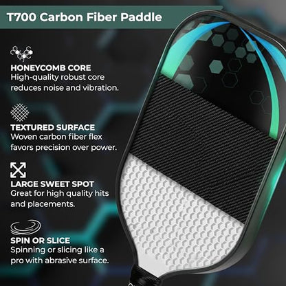 T700 Raw Carbon Fiber Pickleball Paddle - USAPA Standard 16mm Polypropylene Honeycomb Core - Elongated Handle Lightweight Pickle Ball Racket for Spin, Control & Power - Men & Women