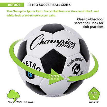 Champion Sports Retro Soccer Ball – Sizes 3, 4, 5, Soft Touch, All Weather, Official Size & Weight Ball for Training, Games, Outdoor & Indoor Play - size: Size 5