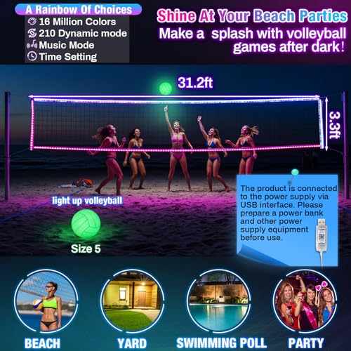 WinnerWhy LED Professional Volleyball Net and Glow in the Dark Volleyball Set 31.2x3.3ft Portable Light up Net with Size 5 Light-Up Volleyballs Remote Control Steel Cable for Beach Swimming Pool Game