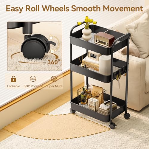 YASONIC 3-Tier Metal Rolling Cart, Sturdy Storage Utility Carts with Wheels, Multifunction Craft Art Organizer for Bedroom, Laundry, Garage, Office, Nursery, Bathroom, Easy Assembly (Black) - color: Black