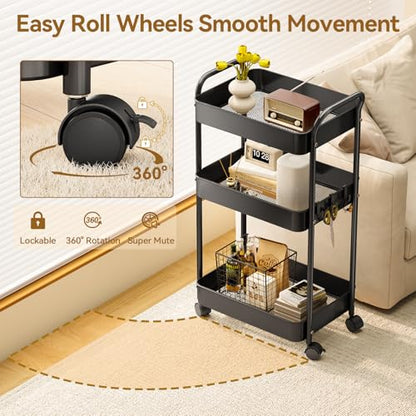YASONIC 3-Tier Metal Rolling Cart, Sturdy Storage Utility Carts with Wheels, Multifunction Craft Art Organizer for Bedroom, Laundry, Garage, Office, Nursery, Bathroom, Easy Assembly (Black) - color: Black