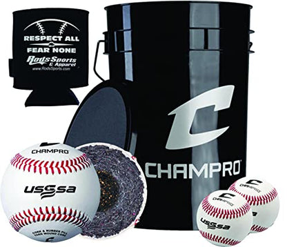 Champro CBB-200US USSSA 30 Baseballs, 6-Gallon Baseball Bucket with Foam-Padded Lid and Rods Sports Drink Can Sleeve