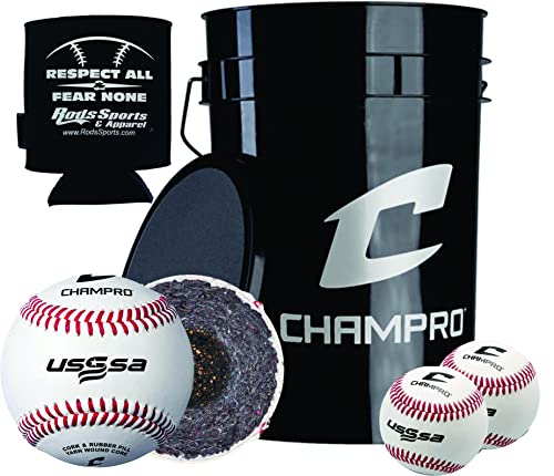 Champro CBB-200US USSSA 30 Baseballs, 6-Gallon Baseball Bucket with Foam-Padded Lid and Rods Sports Drink Can Sleeve