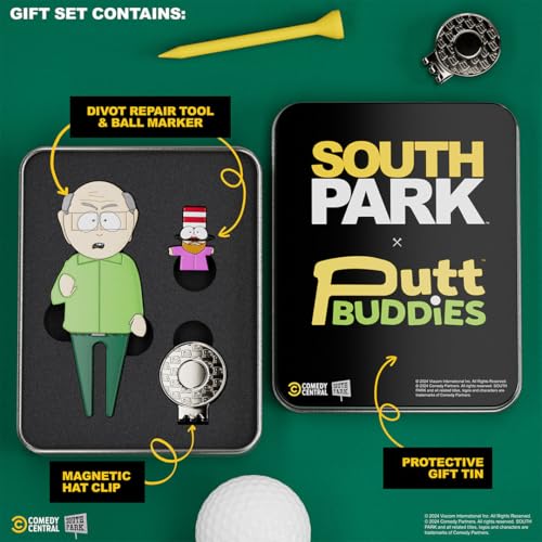 South Park Mr. Garrison Golf Divot Tool and Mr. Hat Ball Marker – Magnetic Collectible Golf Gift Set with Hat Clip & Tin for Golfers