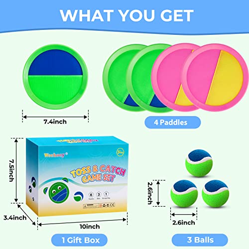 Weehoey Beach Toys - Outdoor Games for Kids, Toss and Catch Ball Set with 4 Paddles 3 Balls, Toys for 3 4 5 6 7 8+ Year Old Boys Girls Christmas Birthday Gifts (Pink and Green)