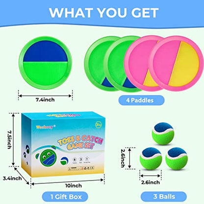 Weehoey Beach Toys - Outdoor Games for Kids, Toss and Catch Ball Set with 4 Paddles 3 Balls, Toys for 3 4 5 6 7 8+ Year Old Boys Girls Christmas Birthday Gifts (Pink and Green)