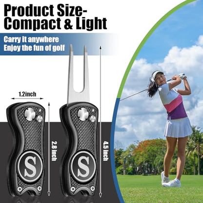 Golf Divot Repair Tool with Letter Custom Monogrammed Initial Ball Marker Divot Tool New Year Golf Gifts Foldable Metal with Magnetic Putt Alignment for Men Father Golfer - color: Black, style: Letter S