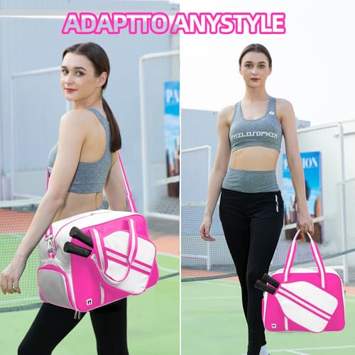 ROYALFAIR Pickleball Tote Bag for Women Men Large Capacity with Paddle Cover Pocket Internal Shoe Pocket and Adjustable Shoulder strap - color: Pink